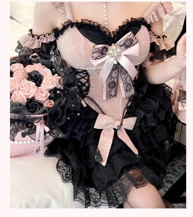 2024 New Spring Summer Ladies Exquisite Lace Skirt Suit Lolita Sweet Womens Black Pink Bow Tube Top Sling Short Cake Skirt Set SS69