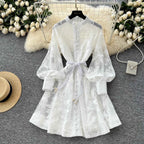 SINGREINY Women Elegant Floral Emboridery Dress Hollow Out Long Sleeve Single Breasted Belt French Court Chic Short A Line Dress