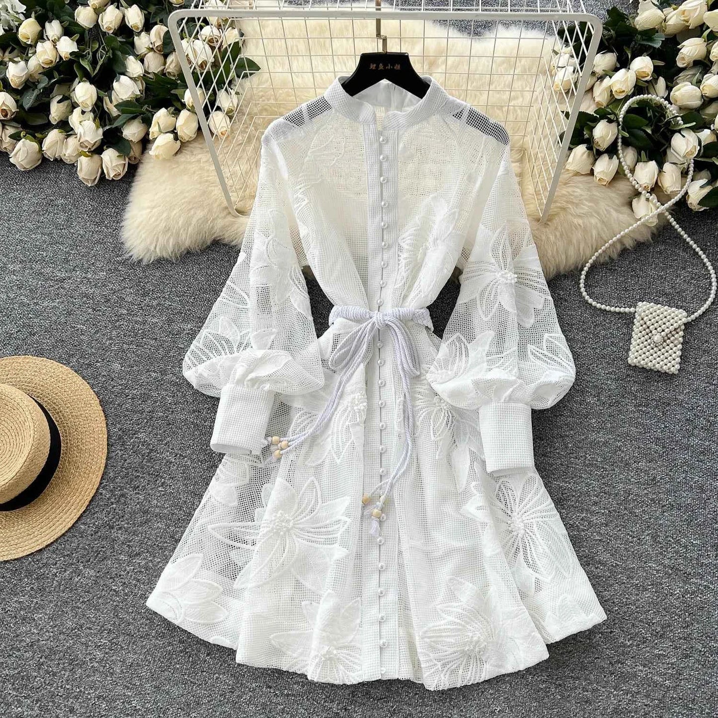 SINGREINY Women Elegant Floral Emboridery Dress Hollow Out Long Sleeve Single Breasted Belt French Court Chic Short A Line Dress