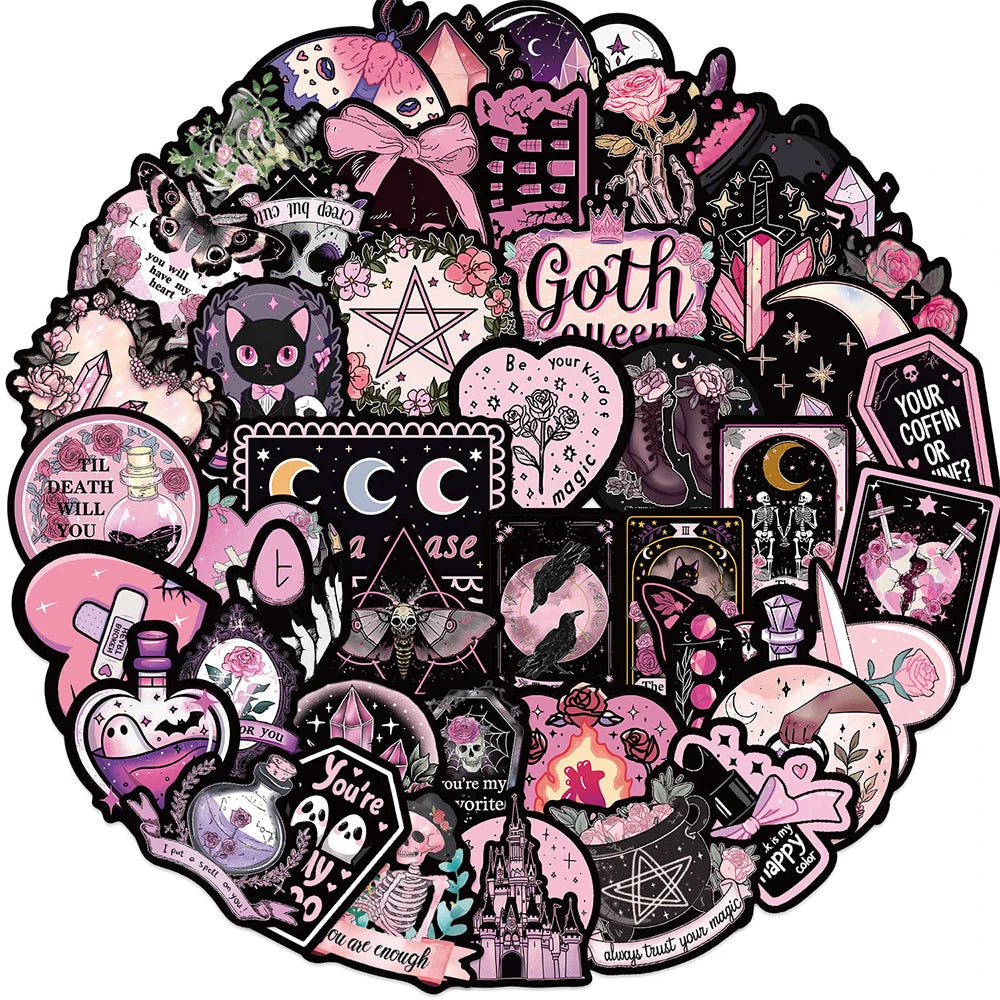 10/30/50PCS Black Pink Gothic Style Magic Witch Cartoon Sticker DIY Phone Laptop Luggage Skateboard Graffiti Decals Fun for Toy SS69
