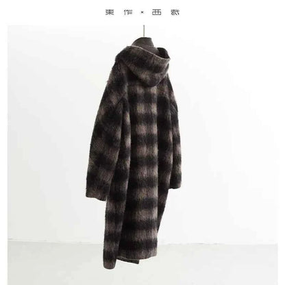 Plaid Coat~ Retro Style Horn Button Mid-Length Coat Women's Alpaca Wool Coat 2025 Winter British Style