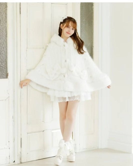 Godivana Lolita Faux Rabbit Fur Cape, Hooded Batwing Sleeve Winter Jacket