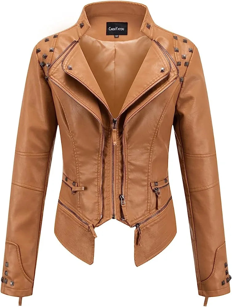 2025 Spring PU Leather Jacket with Rivet Detail