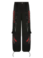 Cyber Punk Unisex Cargo Wide Leg Pants Chain Bandage Ruched Tie Capris Pants Women Gothic Baggy Trousers BF Hippie Grunge Jogger SS69