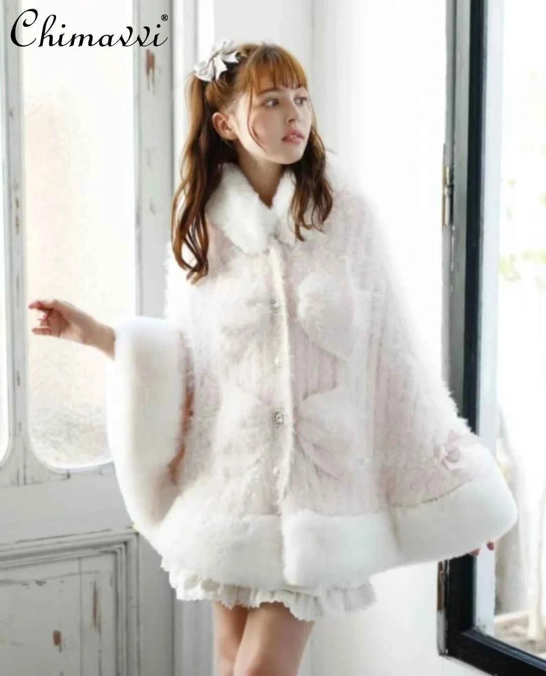 Liz Japanese Sweet Princess Faux Rabbit Fur Cape Coat Autumn Winter Girl Women Fur Jacket Clock Rhinestone Bow Hooded Coat