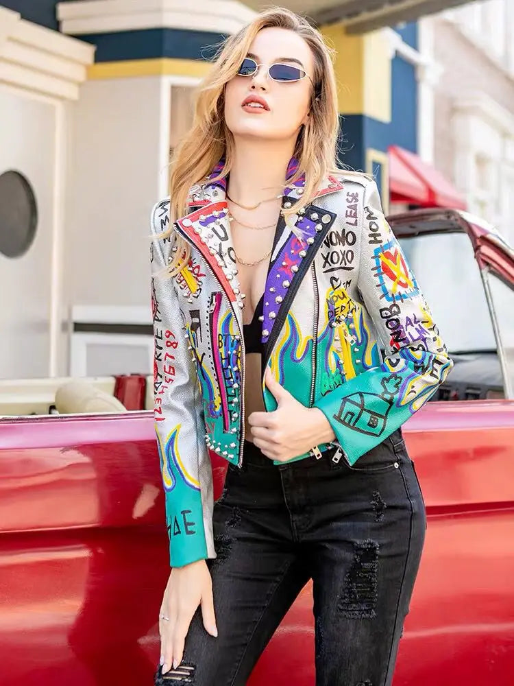 Womens Rivet Beading Pu Jacket Hit Color Streetstyle Graffiti Outerwear Letters Printed Leather Jackets Short Punk Street Coat SS69