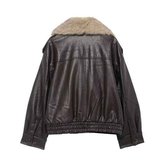 TFMLN 2025 Winter Women Loose Faux Leather Jacket Fashion Removed Big Fur Collar Causal Coat High Street Double Breasted Outwear