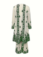 Plus Size Women's Off-White and Black Printed Three-Piece Set Ethnic Style Crew Neck Long Top Wide-Leg Pants and Headscarf Set