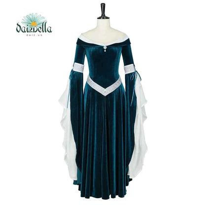 DAIZBELLA Women's Medieval Renaissance Costume Elf Style Off Shoulder Green Velvet Long Slim-fit Dress with Chiffon Sleeves