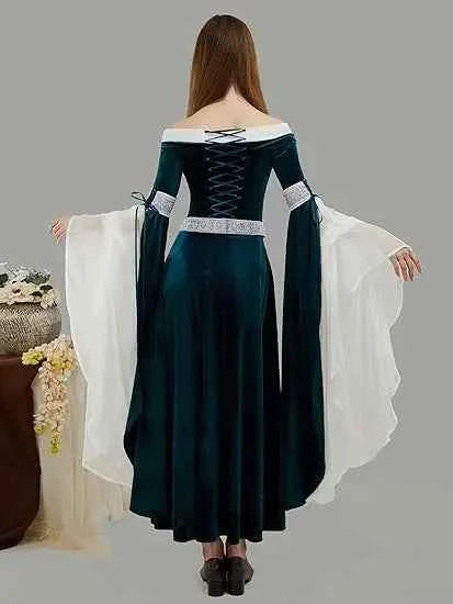 DAIZBELLA Women's Medieval Renaissance Costume Elf Style Off Shoulder Green Velvet Long Slim-fit Dress with Chiffon Sleeves