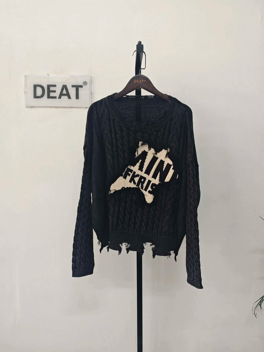 DEAT Women's Loose Knit Sweater Long Lantern Sleeve Patchwork Pullover