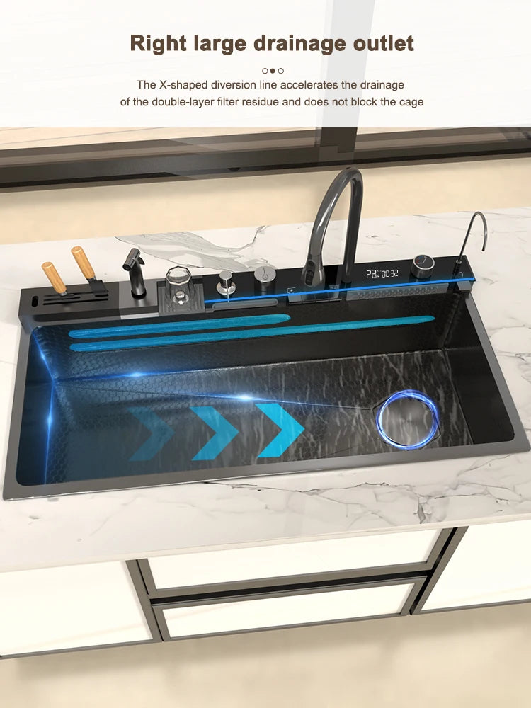 TELISIYAC Stainless Steel Waterfall Kitchen Sink - Large Single Bowl