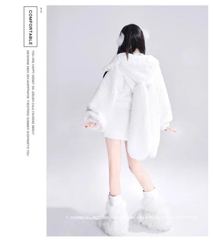 Lautaro Autumn Winter Sweet Cute Lovely Warm Soft White Short Faux Fur Coat Women  with Bunny Ears Fluffy Jacket Hoodie 2023 SS69