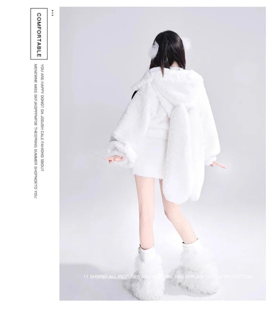 Lautaro Autumn Winter Sweet Cute Lovely Warm Soft White Short Faux Fur Coat Women  with Bunny Ears Fluffy Jacket Hoodie 2023 SS69