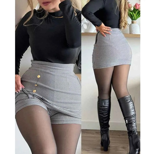 Women's Elegant Plaid Three-Button Front Slit Shorts Skirt Mini Skirt with High Waisted Wrap Skirts