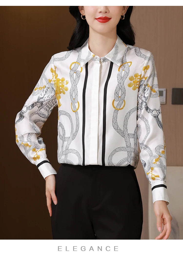 Camisas Newest Exclusive Women Luxury Shirt Long Sleeve Lapel Satin Shirt Old Money Print Brand Design Shirt OL Blouse руба