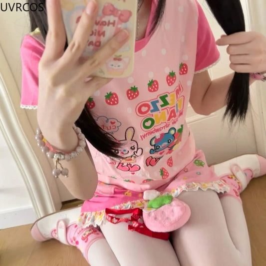 Y2k Aesthetics Cartoon Print Women T-shirt Japanese Kawaii E-girl Contrast Color Cute Strawberry Tees Fairy Grunge Tshirts Tops - SS69