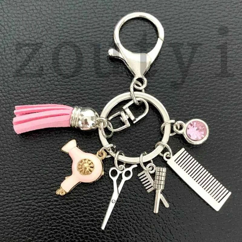 New fashion hairstyle gift charm tassel keychain retro jewelry mini hairdressing scissors hair dryer comb keychain DIY manual