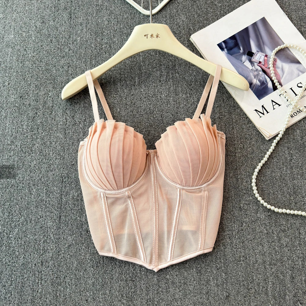 korean fashion mesh summer Fashion fishbone camis Corset  Slim Hotsweet Tank Top Women sweet crop top SS69 23.69 Apricot / 36