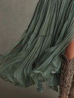 Women Boho Sleeveless V Neck Tiered Pleated Maxi Dress Ruffled Chiffon Flowy Split Hem Vintage Country Casual Western Long Dress