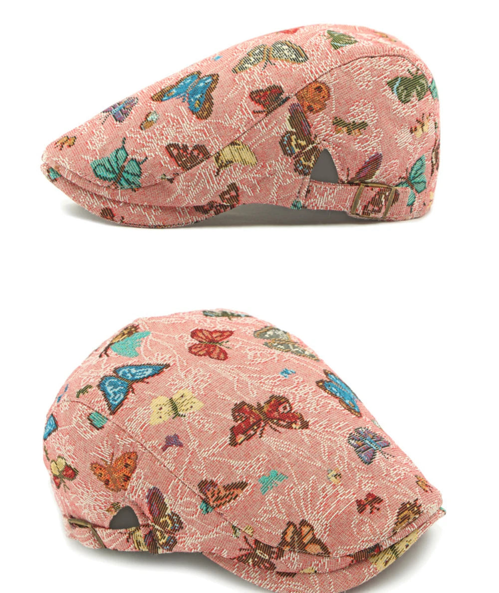 Women's Butterfly Embroidery Cotton Beret Hat - Adjustable Painter Cap