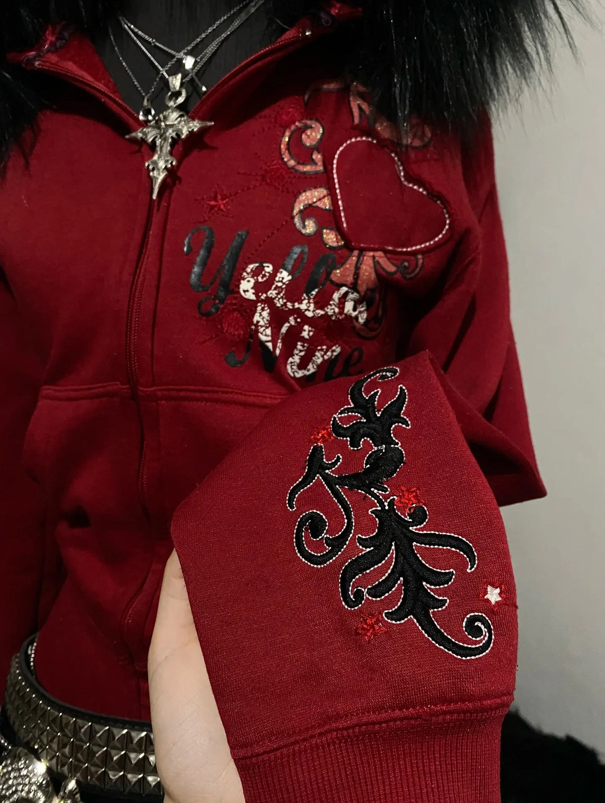 Women Y2K Gothic Zip Up Hoodie Red Faux Fur Collar Embroidery Rhinestone Hooded Jacket Grunge Streetwear Casual Sweatshirt
