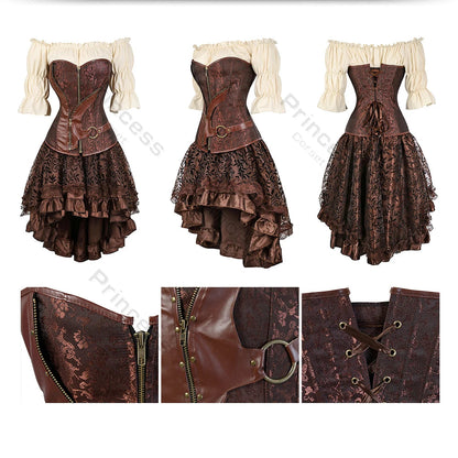 Brown Pirate Dress Plus Size Faxu Leather Steampunk Corset Dress with Shoulder Off Blouse Cosplay Pirate Costume for Women SS69