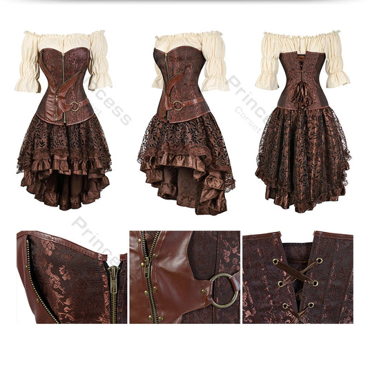Brown Pirate Dress Plus Size Faxu Leather Steampunk Corset Dress with Shoulder Off Blouse Cosplay Pirate Costume for Women SS69
