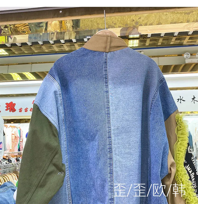 Women Floral Embroidery Sequined Trench Coats Mesh Spliced Ruffles Denim Jacket Hairballs Tassels Jeans Cardigan Streetwear Tops SS69