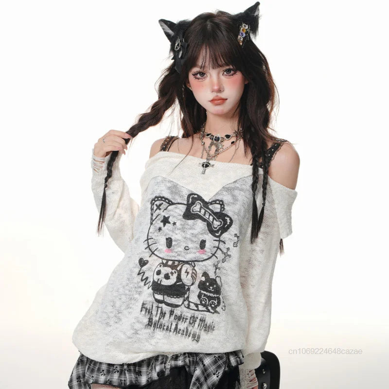 Sanrio Hello Kitty Y2k Spicy Girl Cute Graffiti T-shirt Slash Neck Micro Transparent Strap Top Women New Trend Long Sleeve Tees SS69