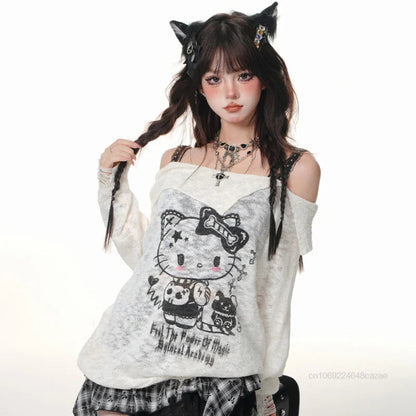 Sanrio Hello Kitty Y2k Spicy Girl Cute Graffiti T-shirt Slash Neck Micro Transparent Strap Top Women New Trend Long Sleeve Tees SS69