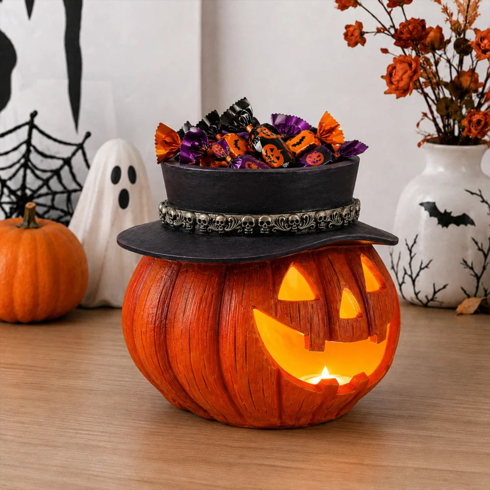 Halloween Pumpkin Candy Bowl with Witch Hat, Light Up Jack O Lantern Decoration, Spooky Tabletop Storage Container for Home Party Decor