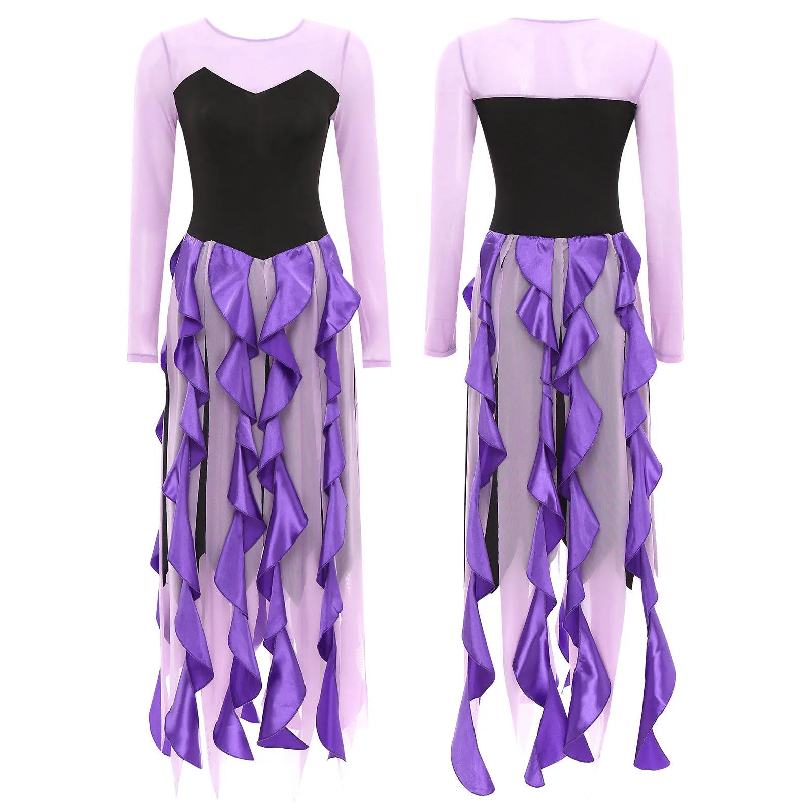 Women Ursula‘s Dress Halloween Carnival Mermaid Octopus Sea Witch Cosplay Costume Long Sleeve Mesh Asymmetrical Hem Dresses