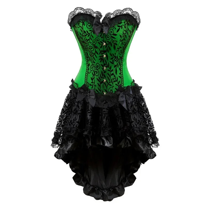 Plus Size Vintage Floral Lace Corset Bustier & Skirt Set - Green