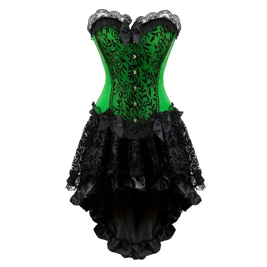 SS69 Plus Size Vintage Floral Lace Corset Bustier and Skirt Set - Green