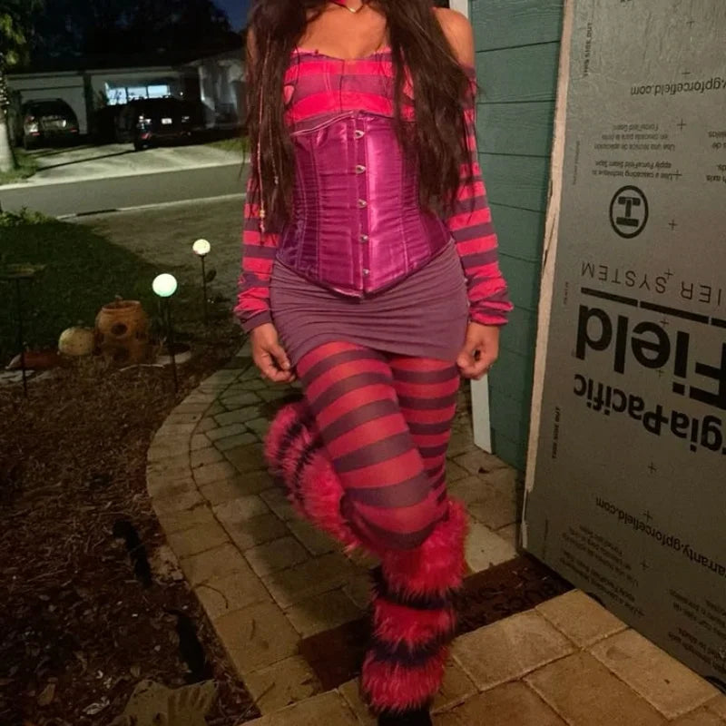 Halloween Costume Purple Striped Home Wear Set Cheshire Cat Cute Paw Role Play Adult Carnival Party Set Costume Outfits