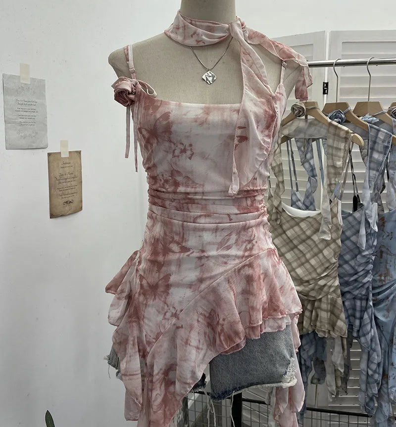 Women's Vintage Tie-dye Printed Mesh Spaghetti Strap Camisole Hot Girl Irregular Ruffled Ribbon Sleeveless Top Partyclub 1185