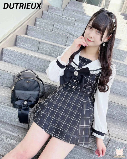 Japanese Style Women's Outfits Sailor Collar Plaid Rhinestone Bow Dress Shorts Set Sweet Lolita Mine Series Dress Two-Piece Suit