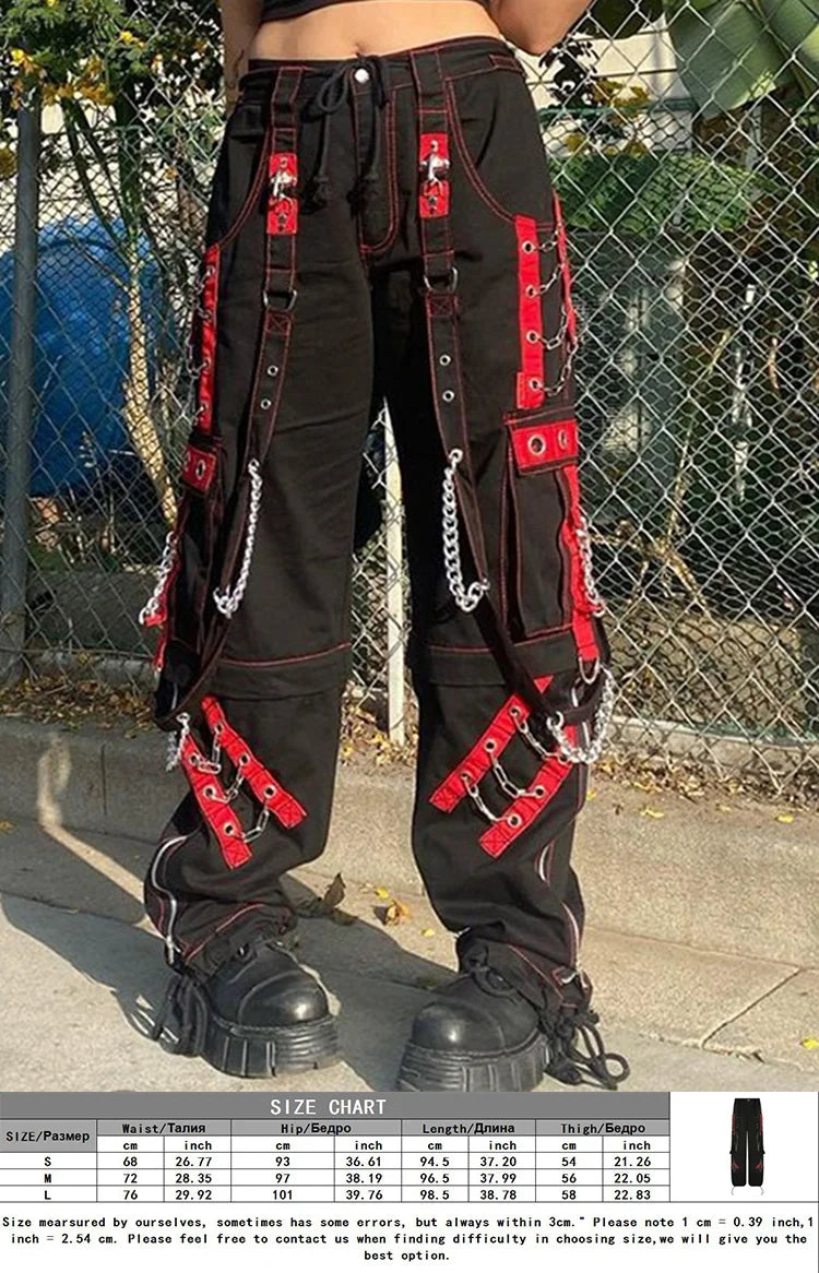 Cyber Punk Unisex Cargo Wide Leg Pants Chain Bandage Ruched Tie Capris Pants Women Gothic Baggy Trousers BF Hippie Grunge Jogger SS69 46.69 1 / M