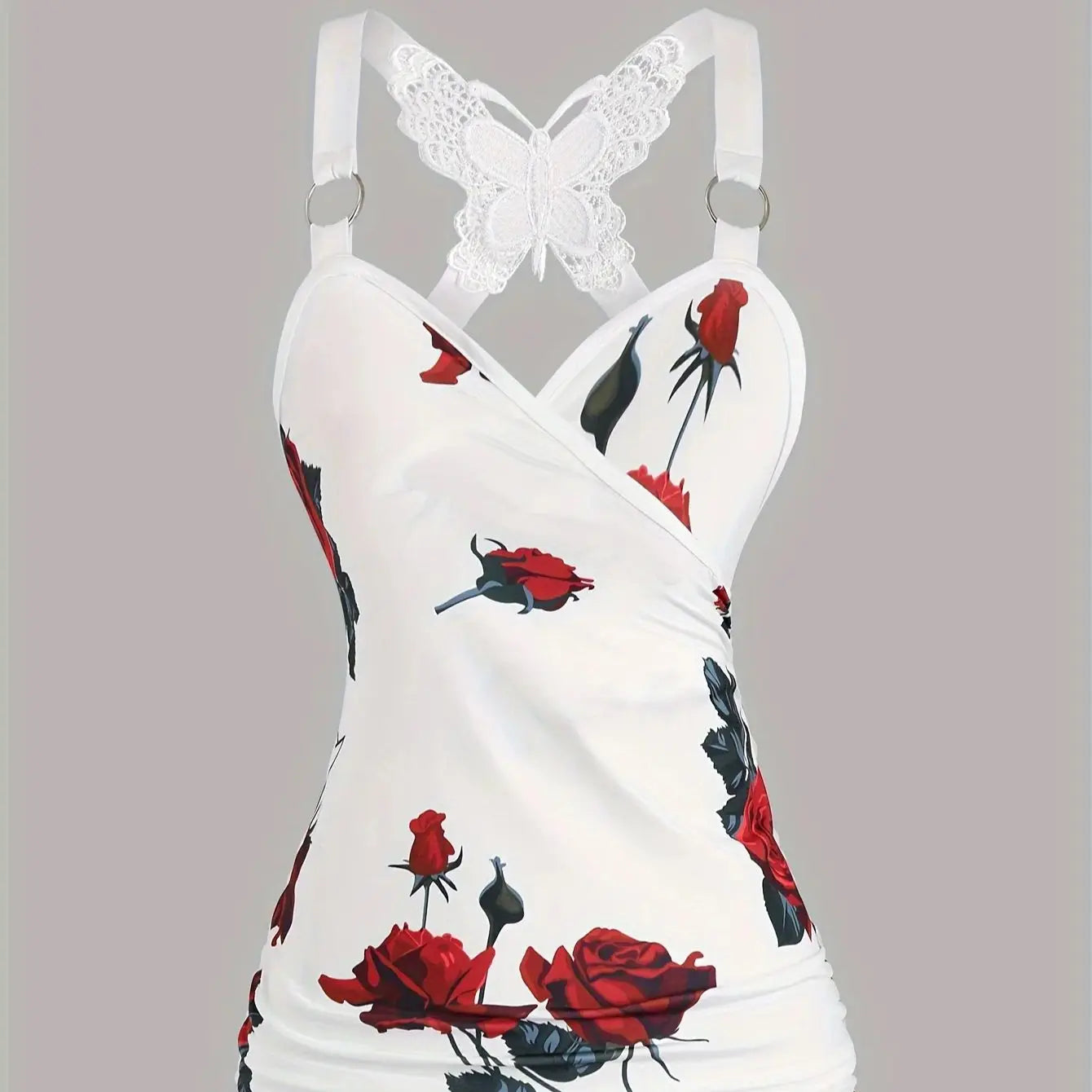 2024 spring and summer Europe and the United States new women's rose print pleated suspenders butterfly lace cross vest. SS69 22.69 white / S