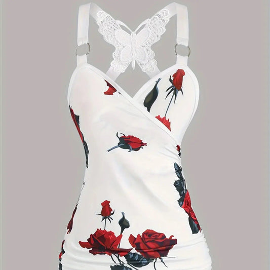 2024 spring and summer Europe and the United States new women's rose print pleated suspenders butterfly lace cross vest. SS69 22.69 white / S