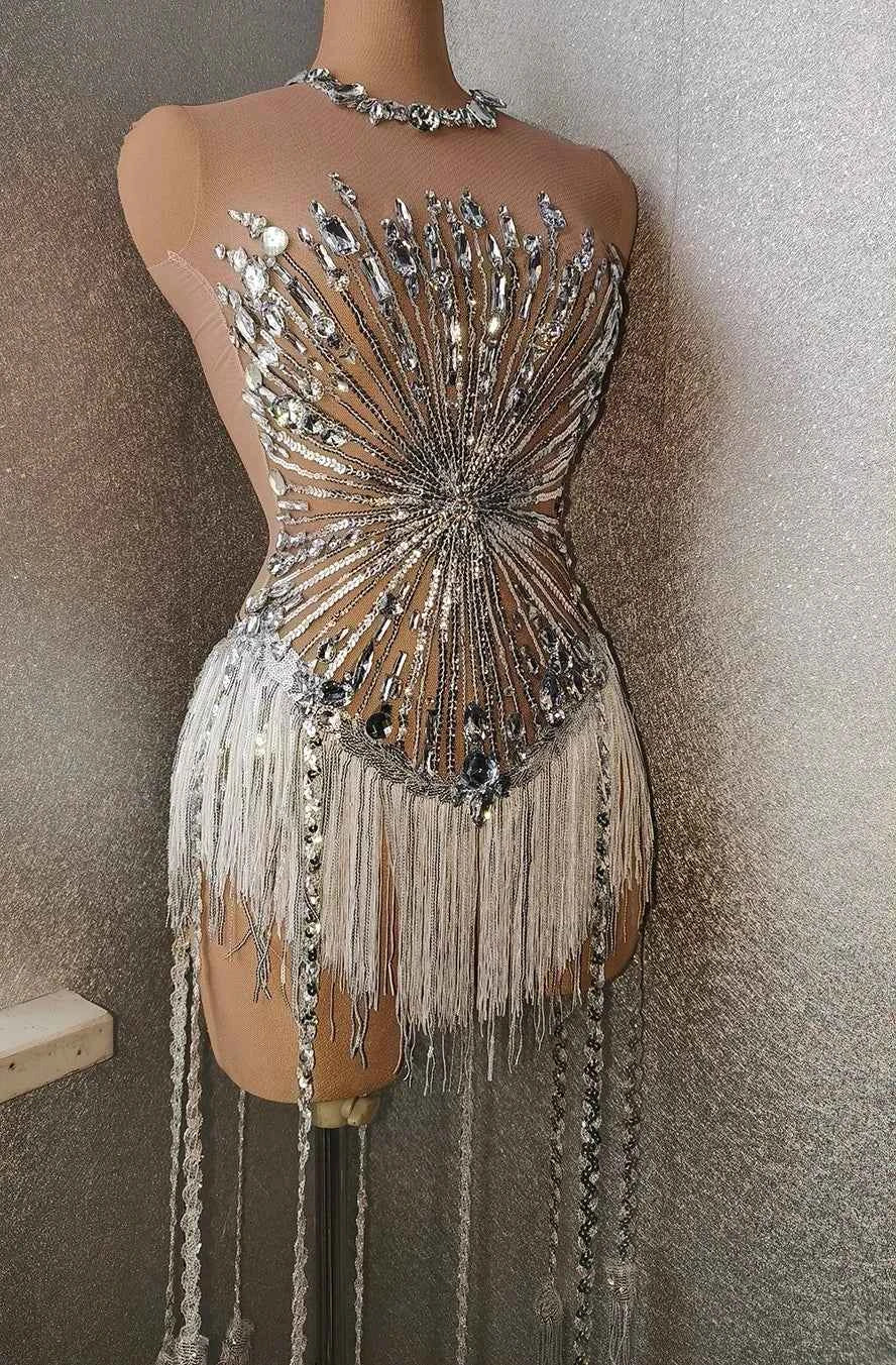 Sparkly Rhinestones Sequins Fringes for Women Stage Wear Leotard Sexy Mesh Transparent Performance Dance Costume Club Outfit
