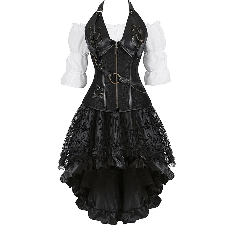 Brown Pirate Dress Plus Size Faxu Leather Steampunk Corset Dress with Shoulder Off Blouse Cosplay Pirate Costume for Women SS69 72.69 Black 2 / L