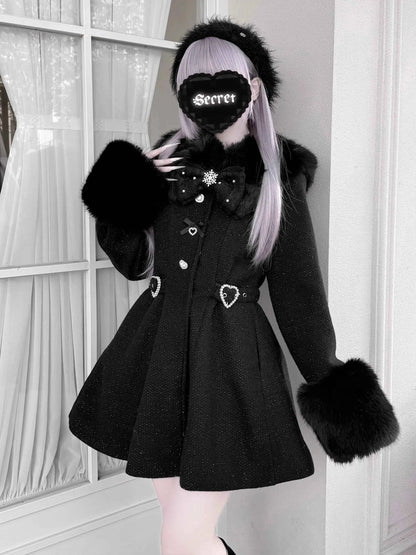 Original Japanese Mass-Produced Lace Jackets Girls Women Cute Bow Waist Cinch Heavy Drill Button Slim Fit Elegant Black Coat