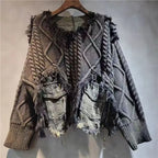 DEAT Women's Patchwork Denim Pullover Sweater - Loose Knit Top