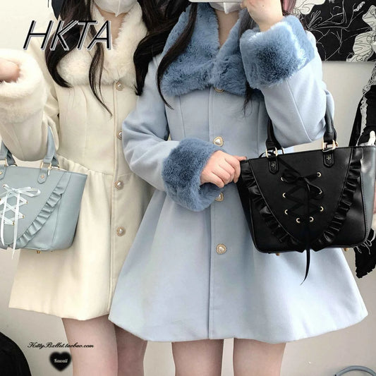 Original Japanese Sweet Imitation Woolen Coat Removable Fur Collar 2025 Winter Jacket Love Single-breasted Wool Overcoat Femlae