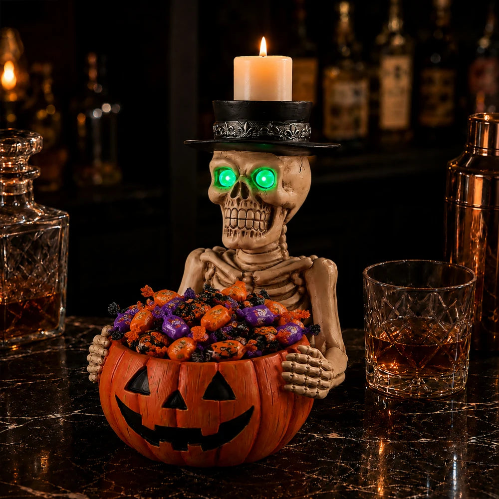 Halloween Pumpkin Candy Bowl with Witch Hat, Light Up Jack O Lantern Decoration, Spooky Tabletop Storage Container for Home Party Decor
