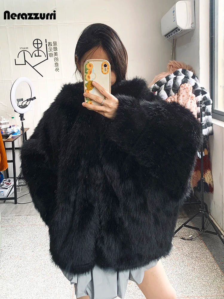 Nerazzurri Women's Faux Fur Coat with Hood - Warm & Fluffy