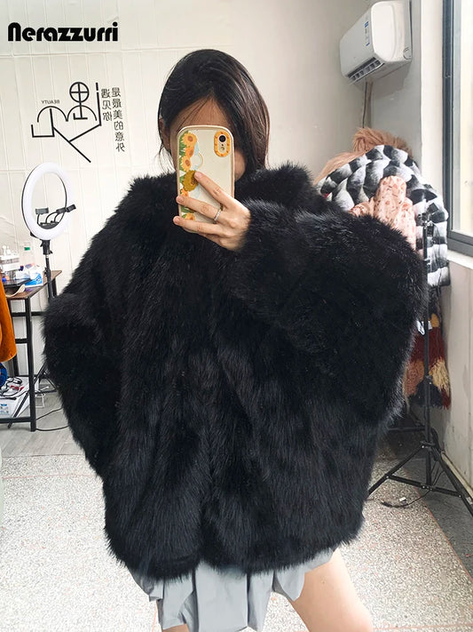 Nerazzurri Autumn Winter Oversized White Black Warm Shaggy Hairy Faux Fur Coat Women with Hood Loose Casual Fluffy Jacket 2023