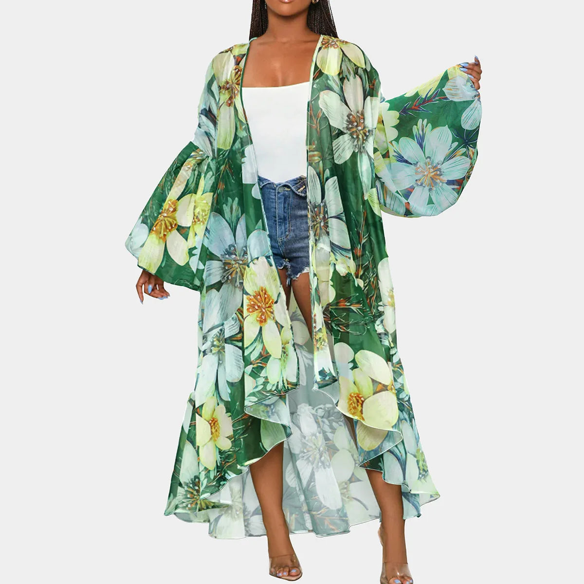 Plus Size Beach Kimono For Women Flower Printed Swimsuit Cover Up Self Wrap Dresses Seaside Bathing Suits Beachwear 2025 SS69 36.69 green / 3XL